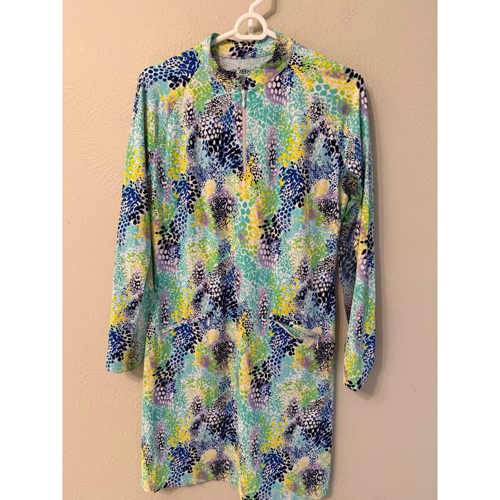 IBKUL Womens Long Sleeve Sun Dress UPF 50+ Quarter Zip Animal Print Blue Green M
